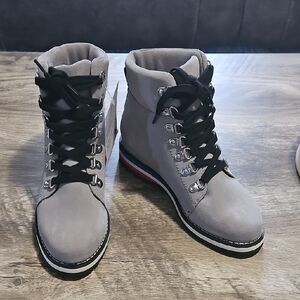 Aqua College Stylish Gray Suede Waterproof Ankle Boots with Black Laces